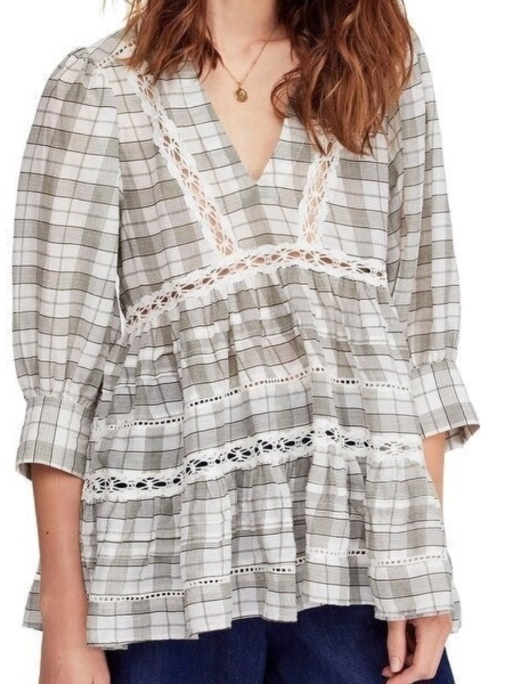 Free People "Time Out" Plaid Lace Tiered Babydoll Tunic Blouse Size M